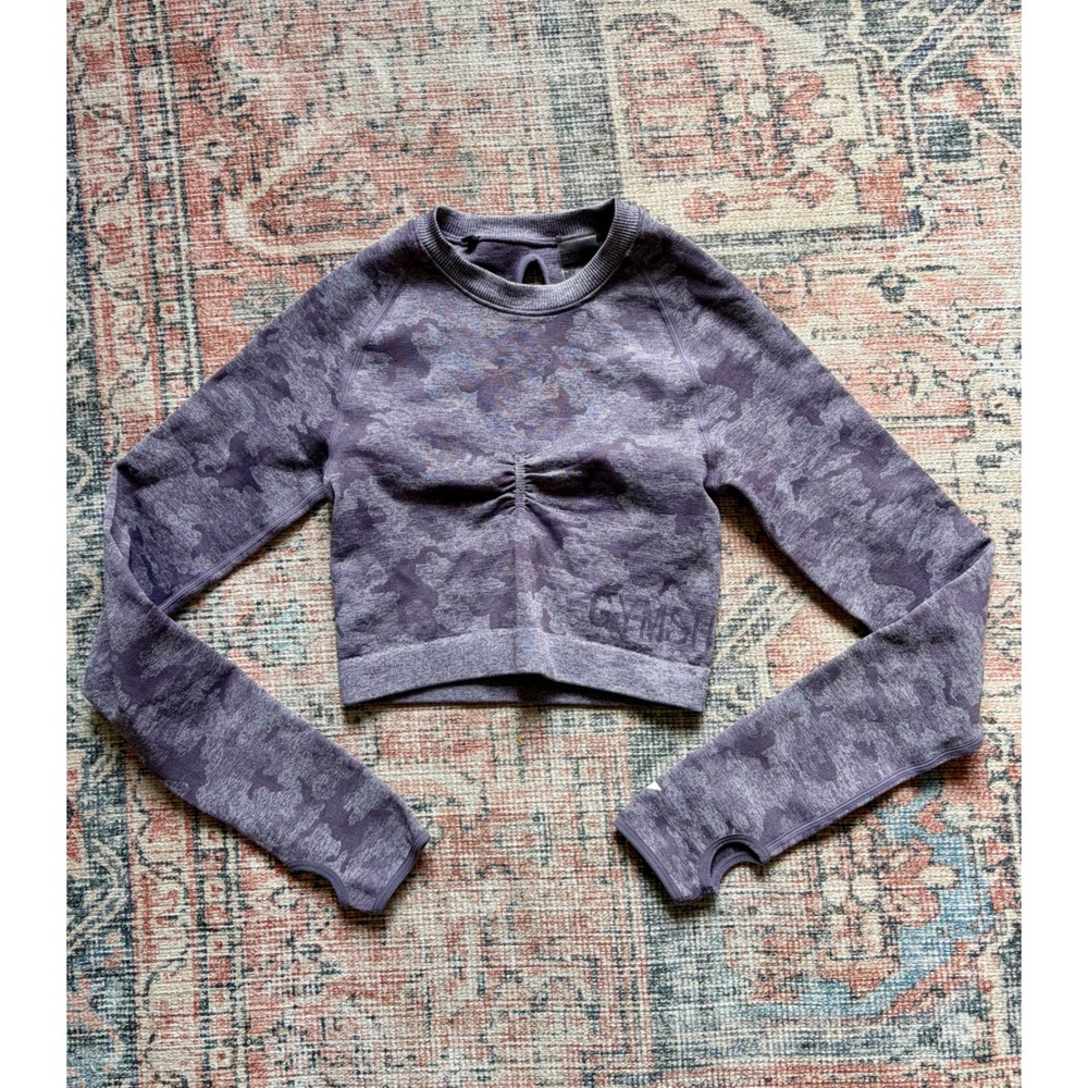Gymshark S Adapt Purple Camo Seamless Long Sleeve Crop Top Cut Out Back